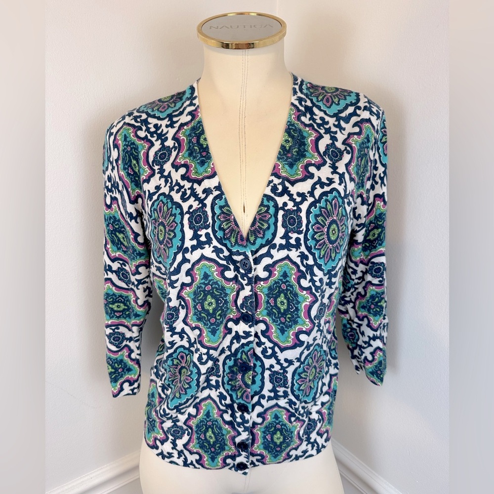 TALBOTS Petites White Blue Green Button Down Lightweight Cardigan | Size LP